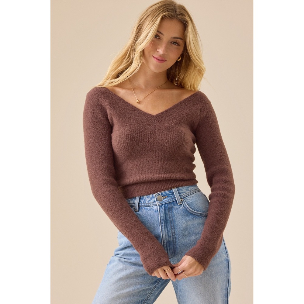 Altar'd State Brown Fuzzy V-Neck Cropped Sweater Size XL